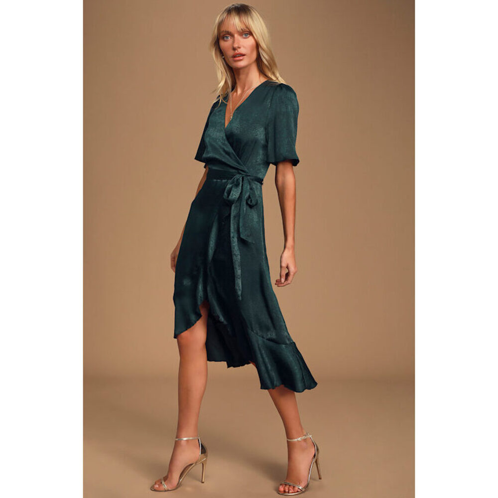 Lulus Wrapped Up In Love Dark Green Satin Faux-wrap Midi Dress - Size M